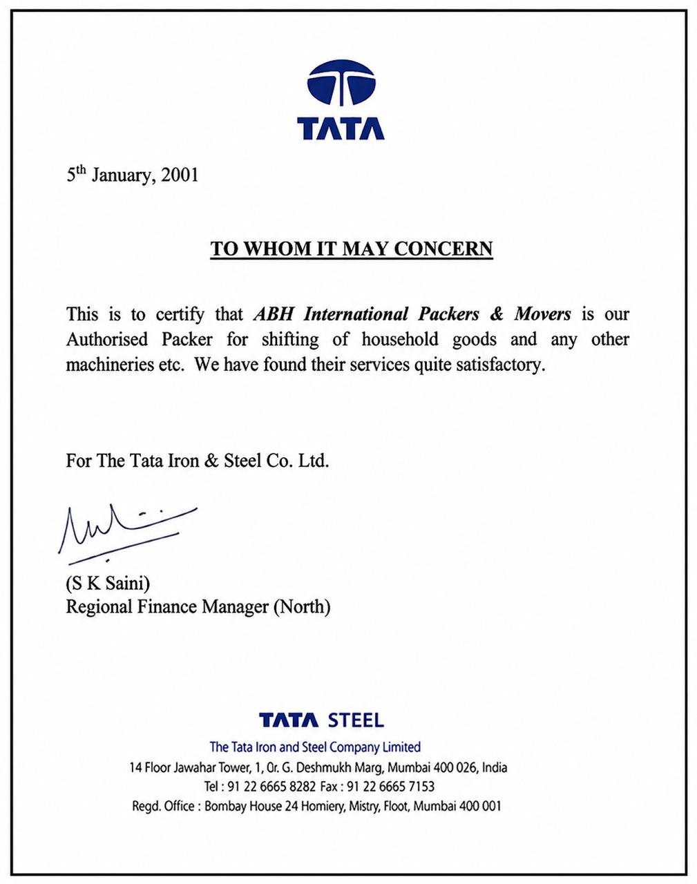 Tata Steel Certificate